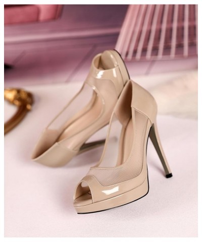 Womens Peep Toe High Heel Platform Stiletto Pumps Slip On Mesh Heels 5 Inch Party Evening Dress Shoes Patent Beige $32.24 Pumps