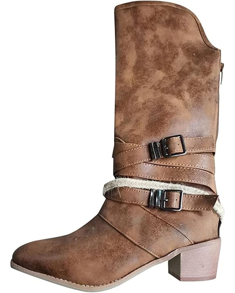 Cowboy Boots For Women Wide Calf Wide Foot Knee High Western Cowgirl Stitching Almond Chunky Heel Boot Pull-On Brown $21.59 B...