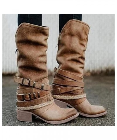 Cowboy Boots For Women Wide Calf Wide Foot Knee High Western Cowgirl Stitching Almond Chunky Heel Boot Pull-On Brown $21.59 B...