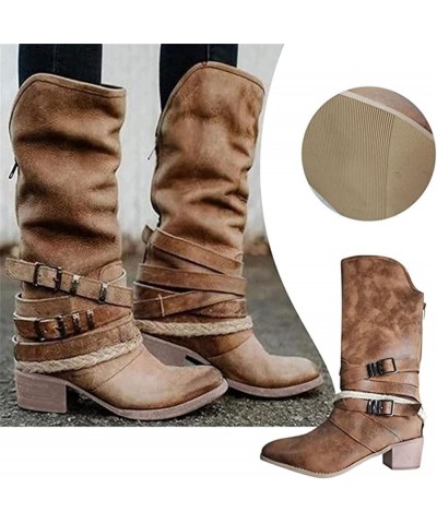 Cowboy Boots For Women Wide Calf Wide Foot Knee High Western Cowgirl Stitching Almond Chunky Heel Boot Pull-On Brown $21.59 B...