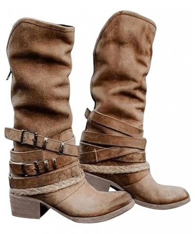 Cowboy Boots For Women Wide Calf Wide Foot Knee High Western Cowgirl Stitching Almond Chunky Heel Boot Pull-On Brown $21.59 B...