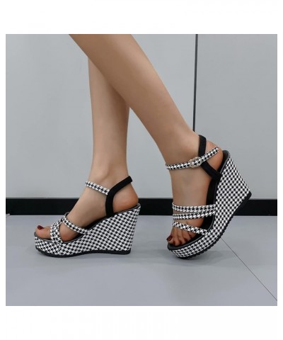 Women's Orthopedic Shoes Ladies Fashion Summer Thousand Bird Checker Cloth Open Toe Buckle Thick Sole Slope Heel Sandals (Bla...