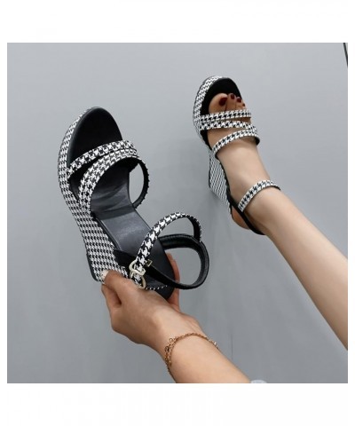 Women's Orthopedic Shoes Ladies Fashion Summer Thousand Bird Checker Cloth Open Toe Buckle Thick Sole Slope Heel Sandals (Bla...