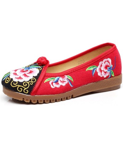 Qhome Women's Floral Peony Embroidery Comfortable Casual Walking Canvas Round-Toe Wedge Shoe Red $13.50 Oxfords