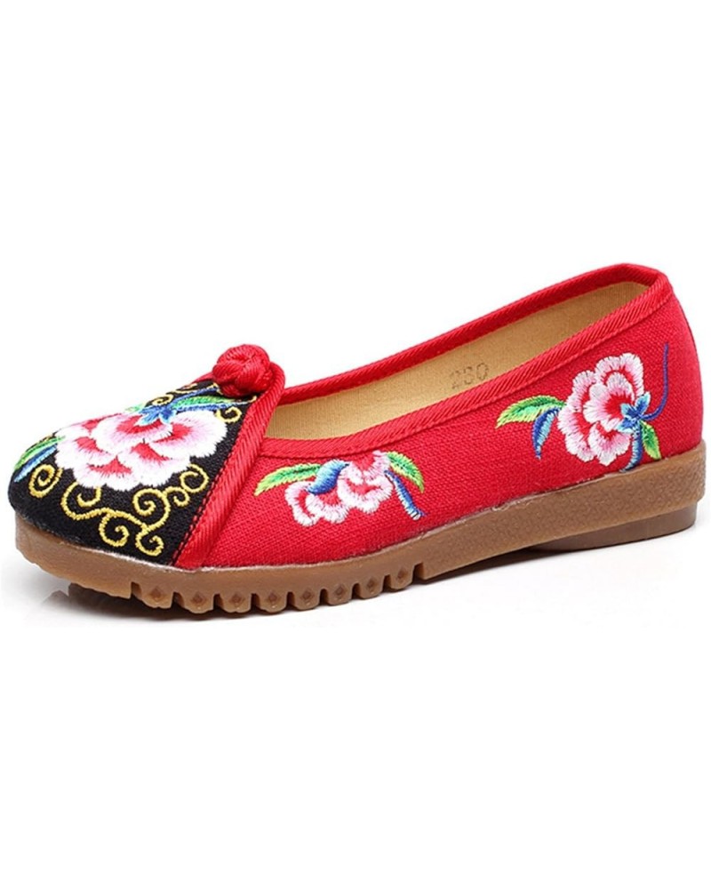 Qhome Women's Floral Peony Embroidery Comfortable Casual Walking Canvas Round-Toe Wedge Shoe Red $13.50 Oxfords