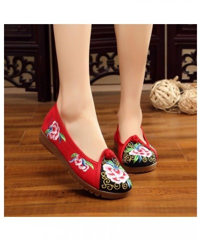 Qhome Women's Floral Peony Embroidery Comfortable Casual Walking Canvas Round-Toe Wedge Shoe Red $13.50 Oxfords