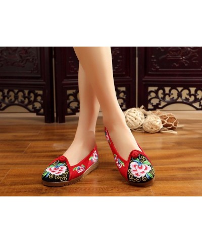 Qhome Women's Floral Peony Embroidery Comfortable Casual Walking Canvas Round-Toe Wedge Shoe Red $13.50 Oxfords