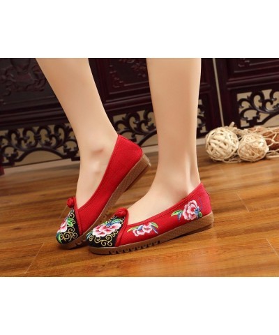 Qhome Women's Floral Peony Embroidery Comfortable Casual Walking Canvas Round-Toe Wedge Shoe Red $13.50 Oxfords