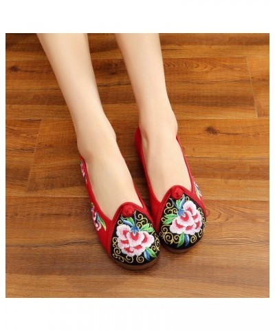 Qhome Women's Floral Peony Embroidery Comfortable Casual Walking Canvas Round-Toe Wedge Shoe Red $13.50 Oxfords