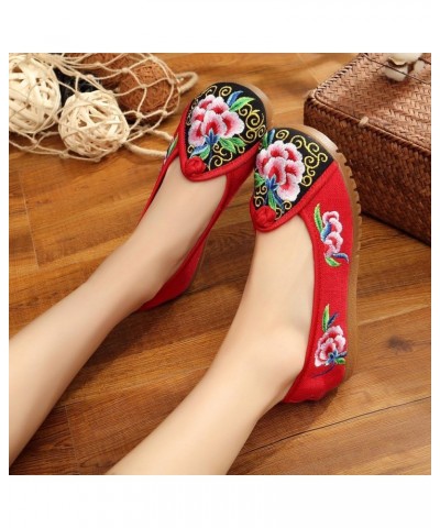 Qhome Women's Floral Peony Embroidery Comfortable Casual Walking Canvas Round-Toe Wedge Shoe Red $13.50 Oxfords