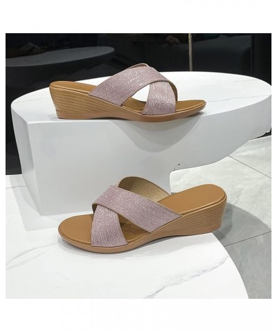 Wedge Sandals for Women wide width Slippers for Women Peep Toe Linen Sole Wedge Sandals Linen Wedge Slides Z 05-pink $14.76 S...