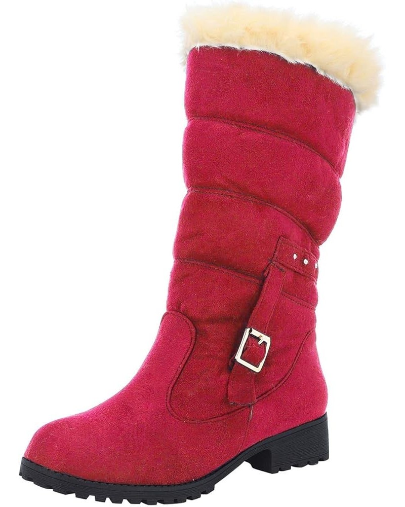 Cowgirl Boots for Women, Womens Flat Mid-Calf Cold Weather Boots Pull-On Toe Soft Round Fur Buckle Boots Warm Shoes Red $27.4...