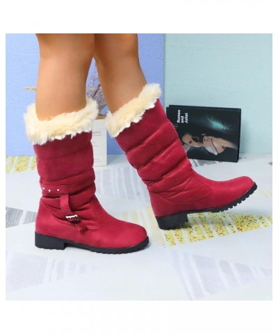 Cowgirl Boots for Women, Womens Flat Mid-Calf Cold Weather Boots Pull-On Toe Soft Round Fur Buckle Boots Warm Shoes Red $27.4...