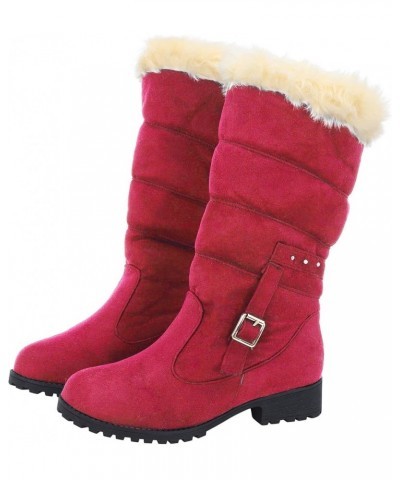 Cowgirl Boots for Women, Womens Flat Mid-Calf Cold Weather Boots Pull-On Toe Soft Round Fur Buckle Boots Warm Shoes Red $27.4...