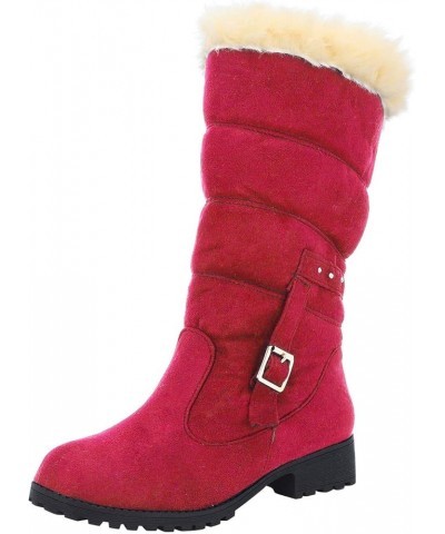 Cowgirl Boots for Women, Womens Flat Mid-Calf Cold Weather Boots Pull-On Toe Soft Round Fur Buckle Boots Warm Shoes Red $27.4...