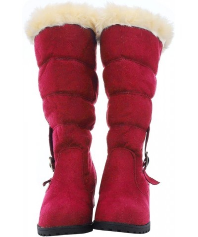 Cowgirl Boots for Women, Womens Flat Mid-Calf Cold Weather Boots Pull-On Toe Soft Round Fur Buckle Boots Warm Shoes Red $27.4...