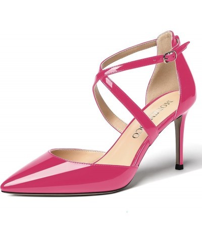 Women's Cut Out Criss Cross Strap Patent Pointed Toe Stiletto High Heel Pumps Shoes 3.5 Inch Magenta $19.80 Pumps