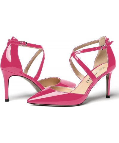 Women's Cut Out Criss Cross Strap Patent Pointed Toe Stiletto High Heel Pumps Shoes 3.5 Inch Magenta $19.80 Pumps