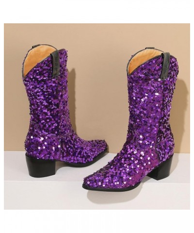 Glitter Sequin Cowboy Boots Mid Calf Sparkly Cowgirl Boots Snip Toe Chunky Heeled Boots Pull on Western Boots Wedding Shoes f...