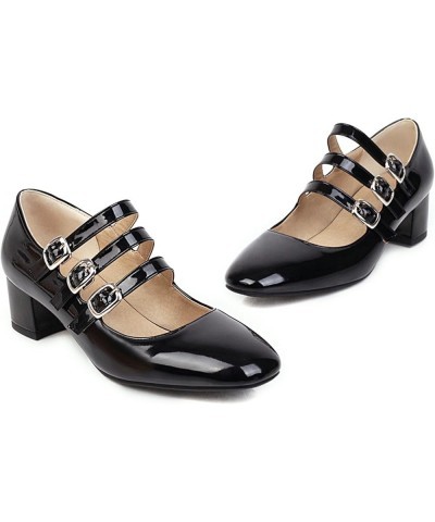 Women's Low Heels Mary Janes Chunky Rockabilly Pumps Black Patent 3 Strap Buckled Lolita Square Toe Cosplay Dress Shoes Black...