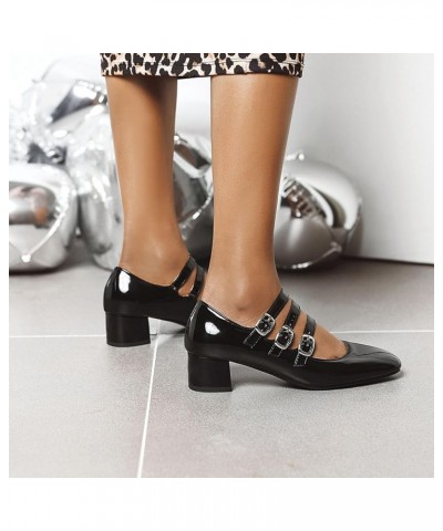 Women's Low Heels Mary Janes Chunky Rockabilly Pumps Black Patent 3 Strap Buckled Lolita Square Toe Cosplay Dress Shoes Black...