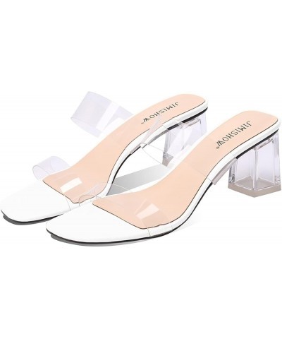 Women's Clear Heels Transparent Strap Sandals Square Toe Slip On Block PVC Mules 2.5inches/6.5CM Dress shoes for Women White ...