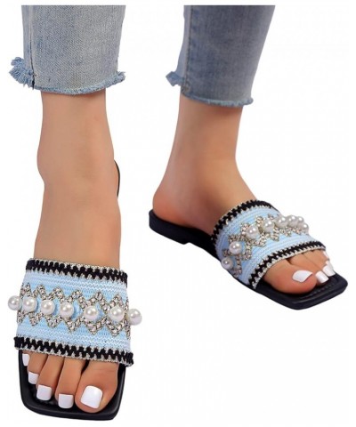 Slide Sandals for Women 2023 Dressy Summer Bohemian Sandals Cloth Face Pearl Decoration Sandals for Women Square Toe Flat Bot...