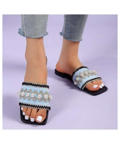 Slide Sandals for Women 2023 Dressy Summer Bohemian Sandals Cloth Face Pearl Decoration Sandals for Women Square Toe Flat Bot...