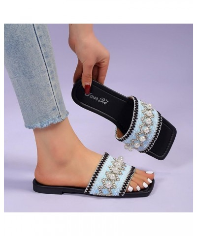 Slide Sandals for Women 2023 Dressy Summer Bohemian Sandals Cloth Face Pearl Decoration Sandals for Women Square Toe Flat Bot...