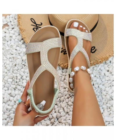 Sandals Women Summer Elastic Band Rhinestone Casual Open Toe Flat Soft Slide on Athletic Sandals for Women Green $13.33 Sandals