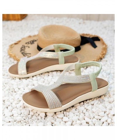 Sandals Women Summer Elastic Band Rhinestone Casual Open Toe Flat Soft Slide on Athletic Sandals for Women Green $13.33 Sandals