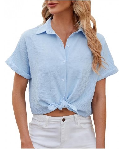 Women's Spring/Summer Solid Color Lapel Short Sleeved Shirt Button Loose Chiffon Junior Casual Shirts Blue $9.86 Athletic Shoes