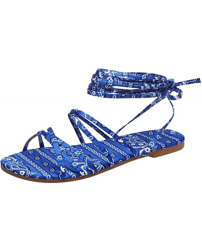 Flat Sandals for Women Dressy Shoes Breathable Fashion Women's Lace-up Leisure Sandals Casual Outdoor Women's Blue 9 $14.11 S...