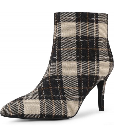 Women's Plaid Pointed Toe Side Zip Stiletto Heel Ankle Boots Brown $19.80 Boots