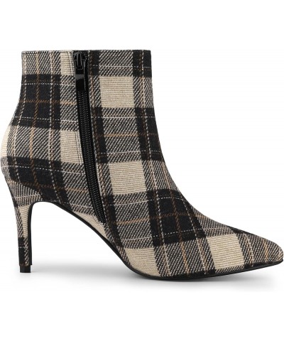 Women's Plaid Pointed Toe Side Zip Stiletto Heel Ankle Boots Brown $19.80 Boots