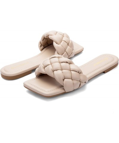 Braided Flat Sandals for Women Square Open Toe Slide Sandals Summer Slip On Casual Woven Sandals Nude $14.19 Sandals