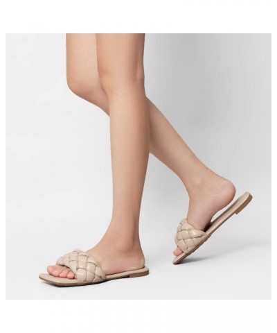 Braided Flat Sandals for Women Square Open Toe Slide Sandals Summer Slip On Casual Woven Sandals Nude $14.19 Sandals