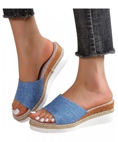 Women's Wedge Sandals Slip on Open Toe Platform Low Wedge Sandals Block Color Fashion Women Slippers Z2-blue $14.78 Sandals