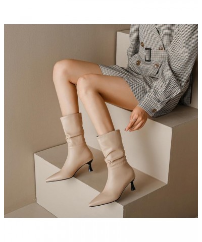 Womens Wedding Kitten Heels Mid Calf Booties Apricot 3 $29.83 Boots