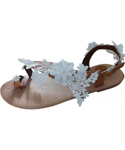 Sandals for Women Dressy Wedding Roman Toe Ring Wedding Sandals Floral Lace Slip On Flat Sandals Retro Thong Sandals, White $...