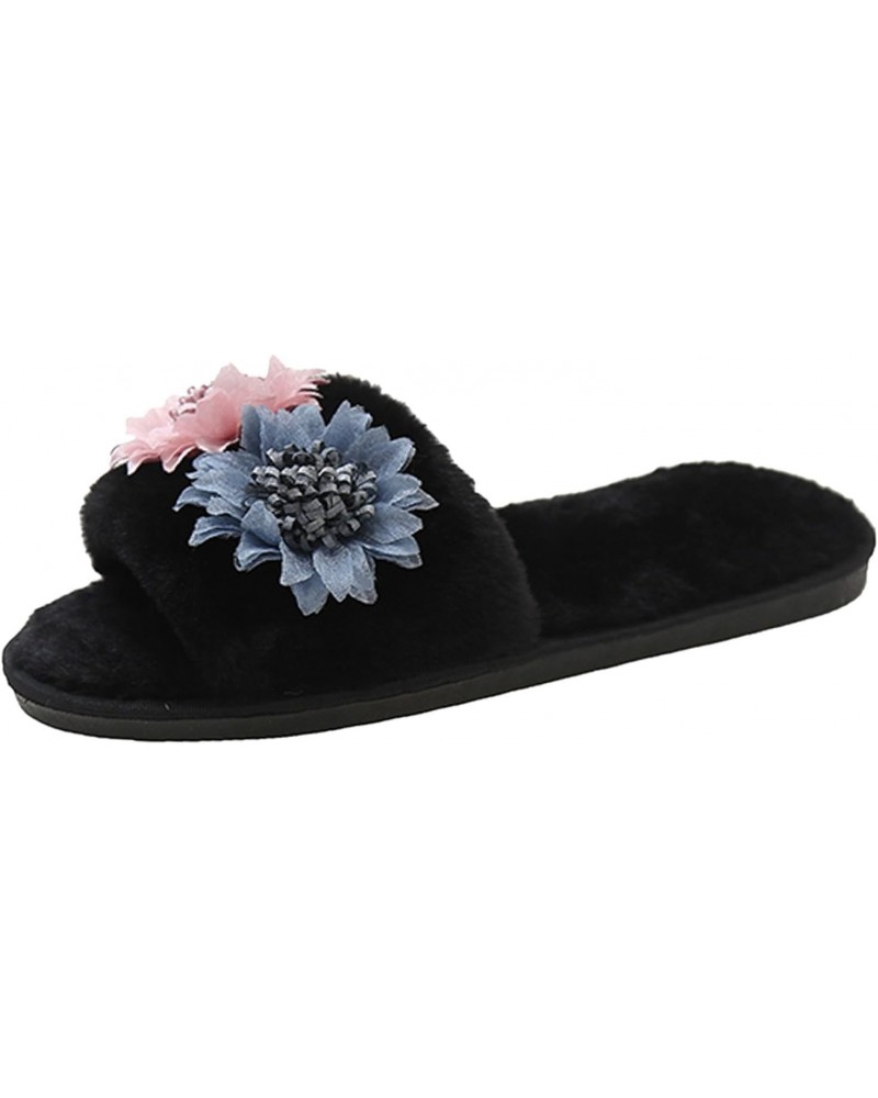 Pink Slippers For Women Flowers Decorated Soft Plush Slippers Home Warm Cotton Slippers Slippers For Women Fuzzy Animal (Blac...