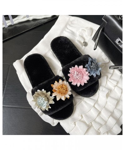 Pink Slippers For Women Flowers Decorated Soft Plush Slippers Home Warm Cotton Slippers Slippers For Women Fuzzy Animal (Blac...