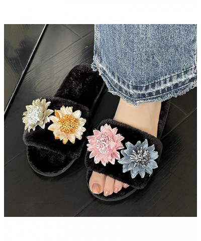 Pink Slippers For Women Flowers Decorated Soft Plush Slippers Home Warm Cotton Slippers Slippers For Women Fuzzy Animal (Blac...