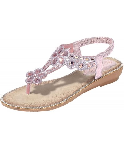 Sandals Women Dressy Summer Flat Rhinestone Sandal Bohemian Bead Dress Open Toe Elastic Ankle Strap Beach Sandals F-pink $13....