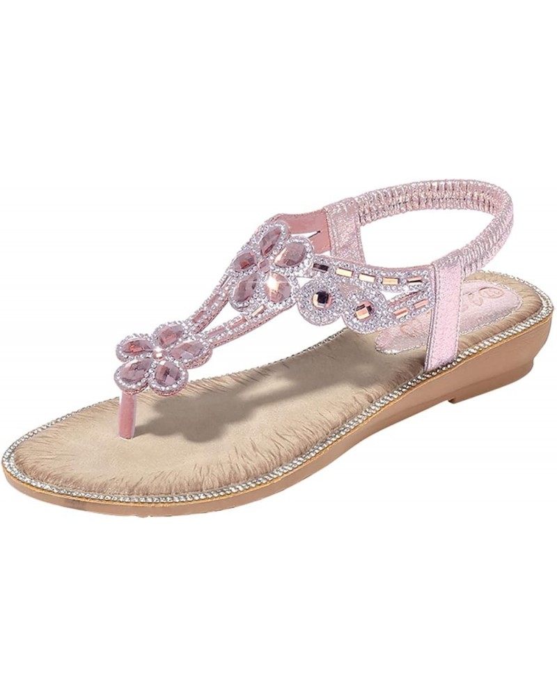 Sandals Women Dressy Summer Flat Rhinestone Sandal Bohemian Bead Dress Open Toe Elastic Ankle Strap Beach Sandals F-pink $13....