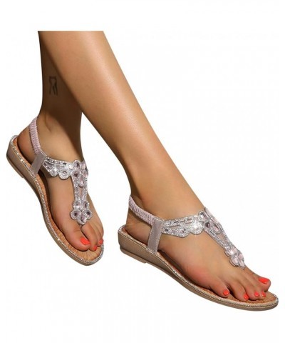 Sandals Women Dressy Summer Flat Rhinestone Sandal Bohemian Bead Dress Open Toe Elastic Ankle Strap Beach Sandals F-pink $13....