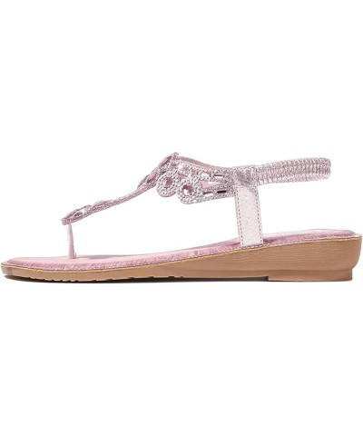 Sandals Women Dressy Summer Flat Rhinestone Sandal Bohemian Bead Dress Open Toe Elastic Ankle Strap Beach Sandals F-pink $13....