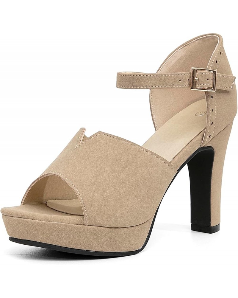 Women's Heeled Sandals Vintage Cutout Chunky Block Platform Straps Dress High Heels Shoes Beige $17.43 Sandals