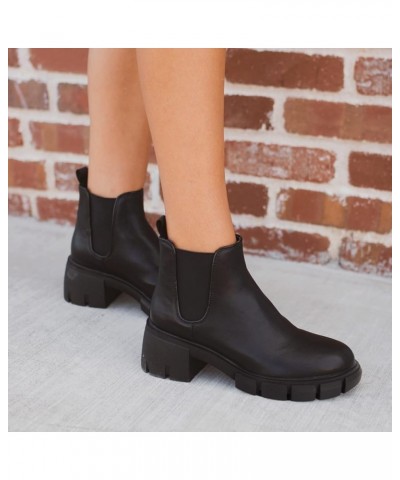 Womens Lug Sole Platform Ankle Booties Chelsea Slip on Chunky Block Heel Leather Combat Boots Black $28.41 Boots