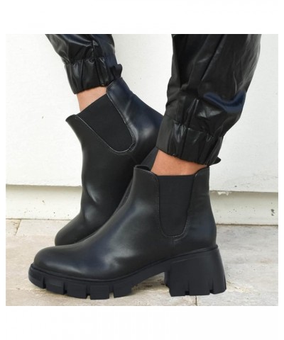 Womens Lug Sole Platform Ankle Booties Chelsea Slip on Chunky Block Heel Leather Combat Boots Black $28.41 Boots